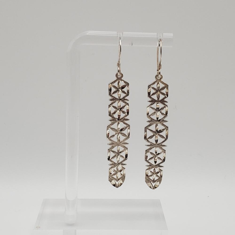 Sterling Silver Flower / Snowflake Diamond Cut Dangle Hook Earrings
